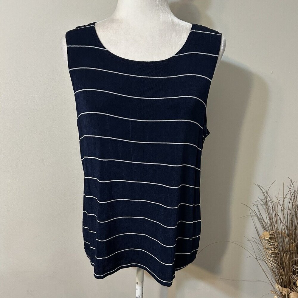 CITIKNIT Women Tank Top Slinky Stretch Striped Navy Blue Round Neck Size L USA